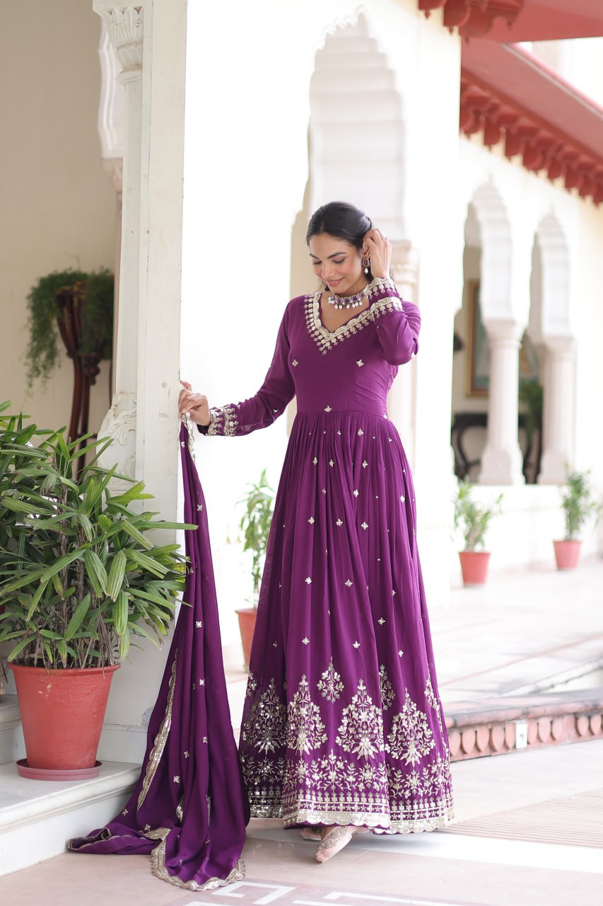 Wine Vichitra Silk Sequins Embroidered Anarkali Gown with Fancy V-Neck & Designer Dupatta – Fully Stitched Party & Festive Wear