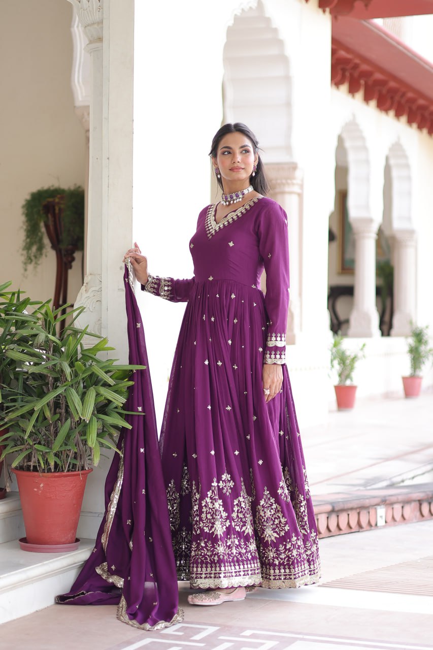 Wine Vichitra Silk Sequins Embroidered Anarkali Gown with Fancy V-Neck & Designer Dupatta – Fully Stitched Party & Festive Wear