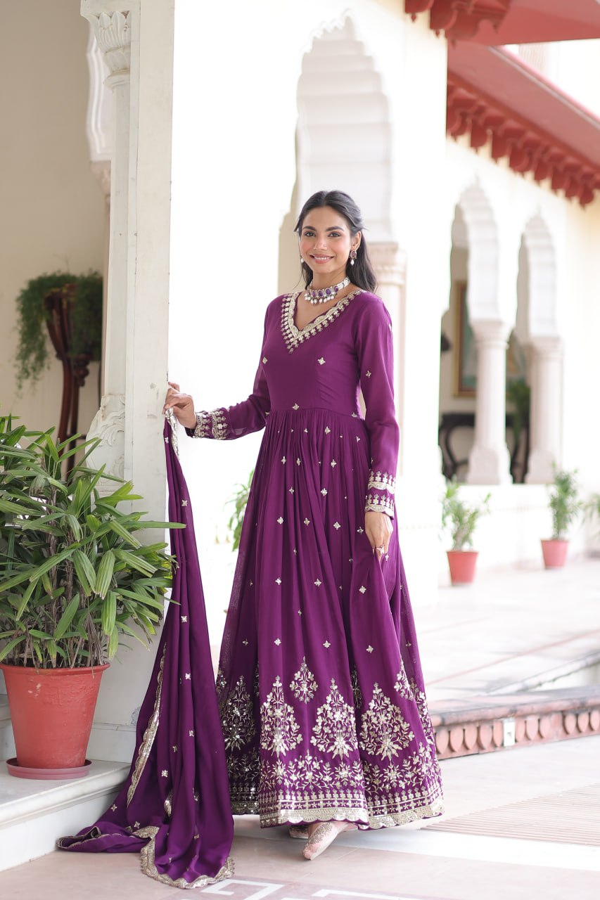 Wine Vichitra Silk Sequins Embroidered Anarkali Gown with Fancy V-Neck & Designer Dupatta – Fully Stitched Party & Festive Wear