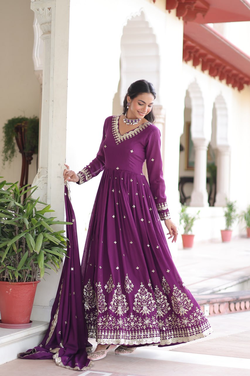 Wine Vichitra Silk Sequins Embroidered Anarkali Gown with Fancy V-Neck & Designer Dupatta – Fully Stitched Party & Festive Wear