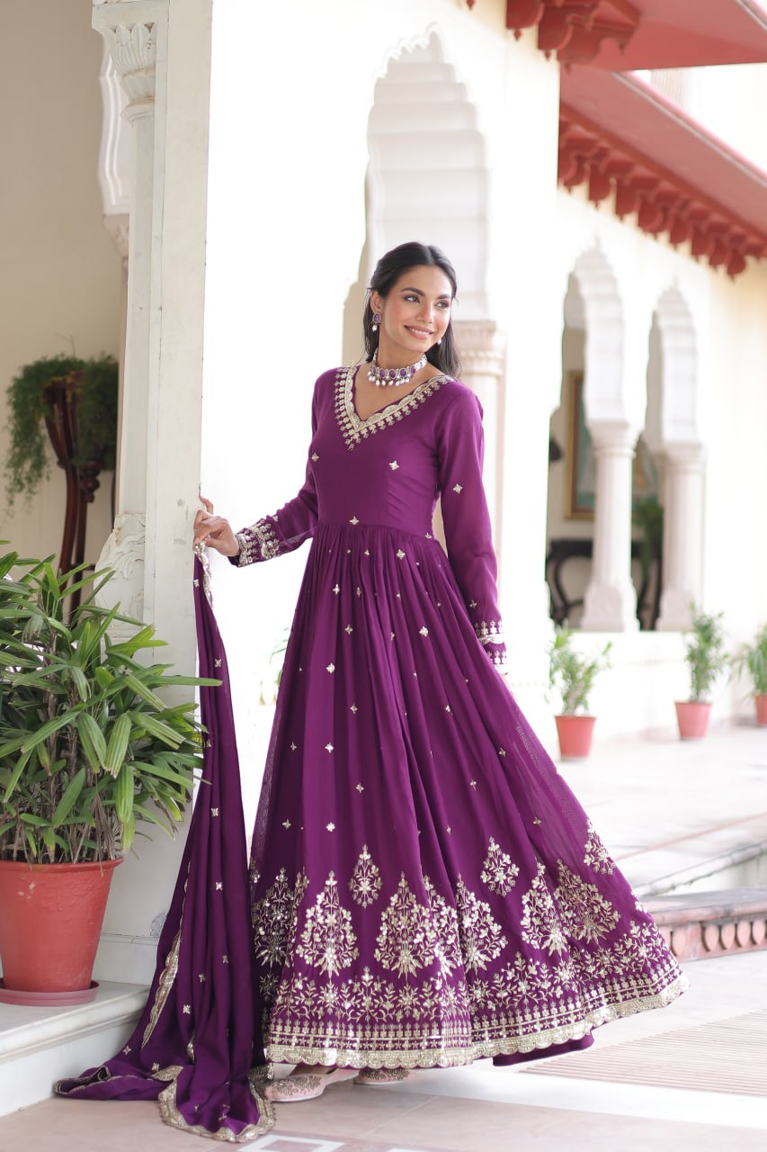 Wine Vichitra Silk Sequins Embroidered Anarkali Gown with Fancy V-Neck & Designer Dupatta – Fully Stitched Party & Festive Wear