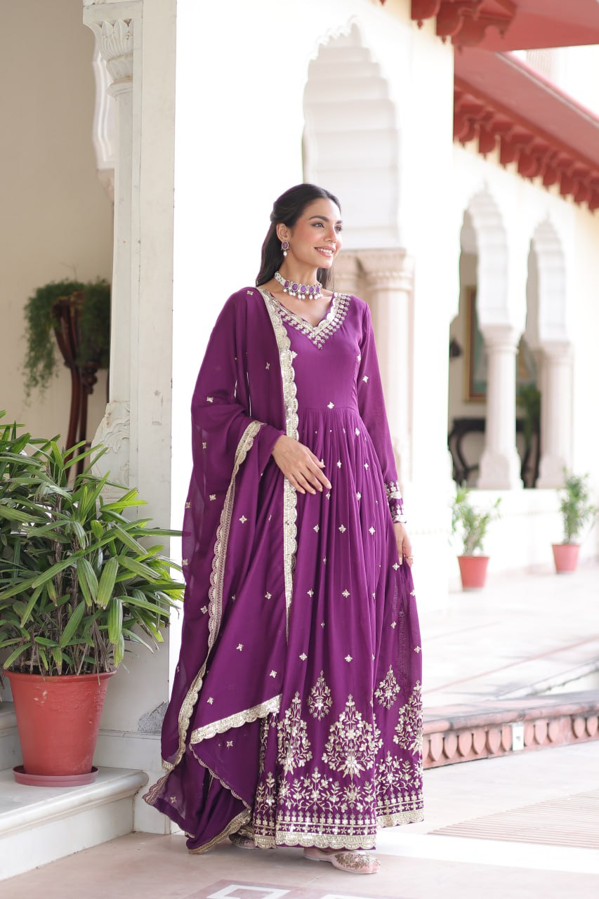 Wine Vichitra Silk Sequins Embroidered Anarkali Gown with Fancy V-Neck & Designer Dupatta – Fully Stitched Party & Festive Wear
