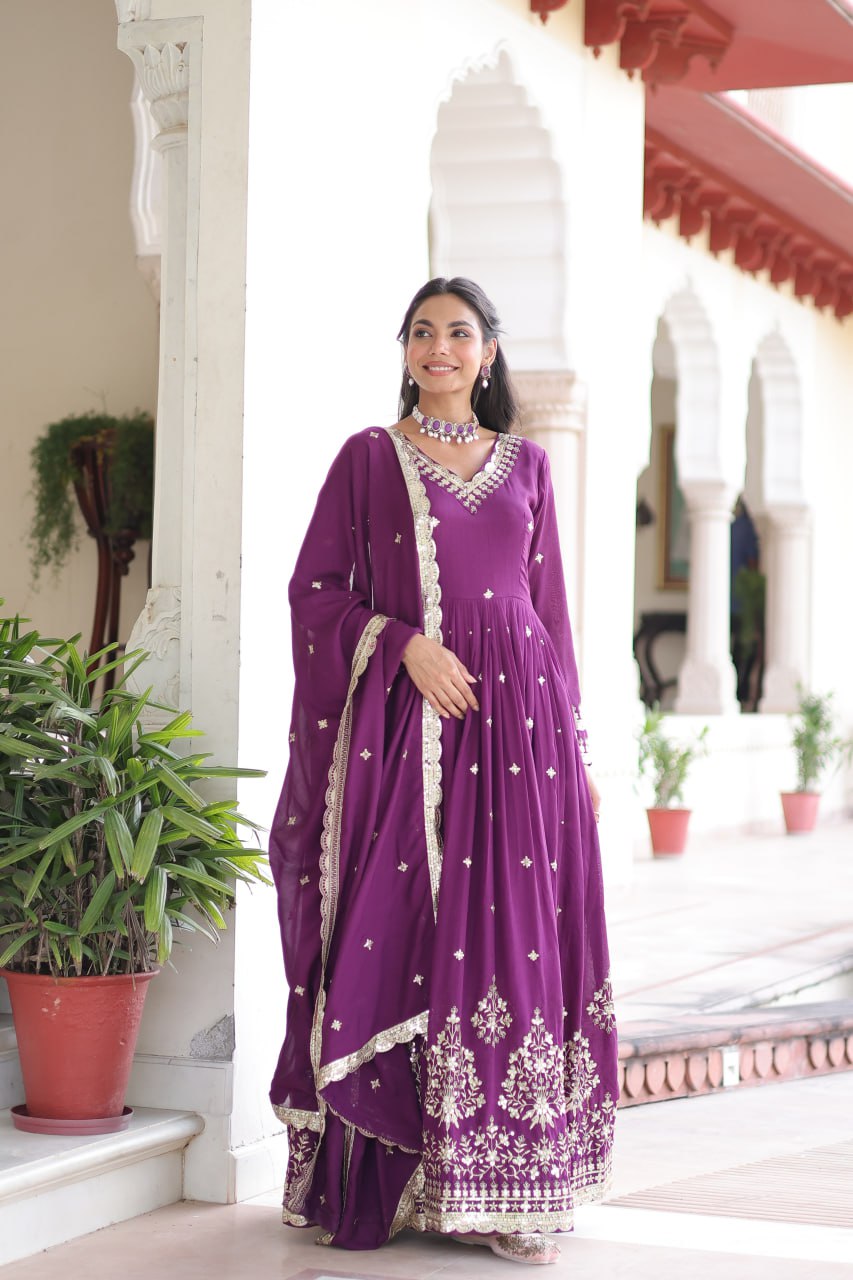 Wine Vichitra Silk Sequins Embroidered Anarkali Gown with Fancy V-Neck & Designer Dupatta – Fully Stitched Party & Festive Wear