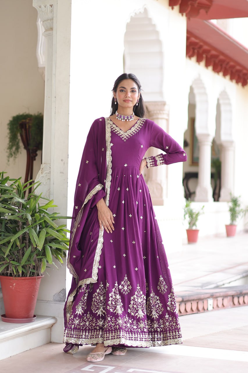 Wine Vichitra Silk Sequins Embroidered Anarkali Gown with Fancy V-Neck & Designer Dupatta – Fully Stitched Party & Festive Wear