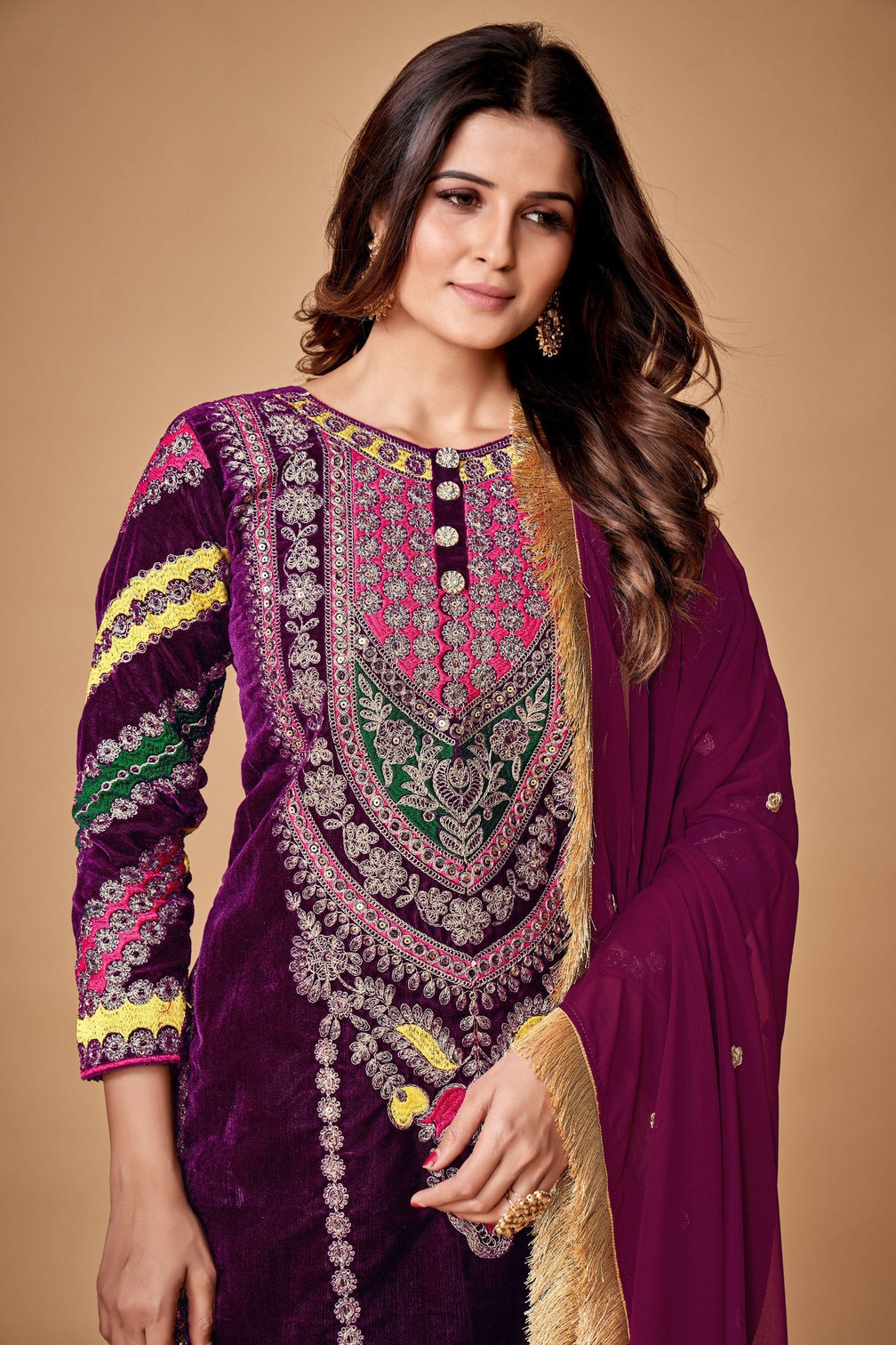 Wine Viscose Velvet Embroidered Top & Pant Set with Georgette Dupatta