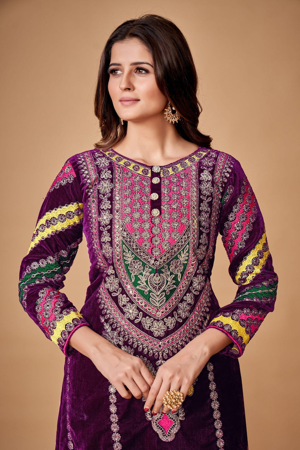 Wine Viscose Velvet Embroidered Top & Pant Set with Georgette Dupatta