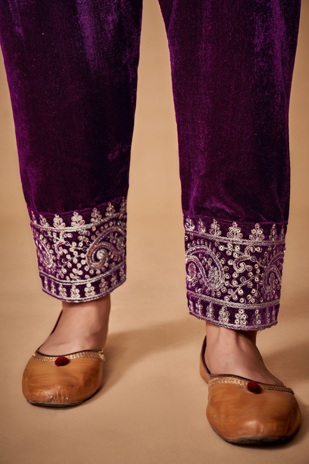 Wine Viscose Velvet Embroidered Top & Pant Set with Georgette Dupatta