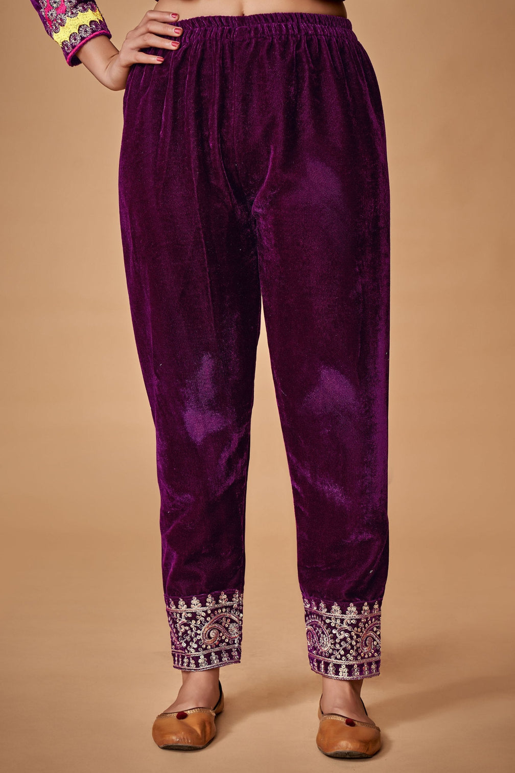 Wine Viscose Velvet Embroidered Top & Pant Set with Georgette Dupatta