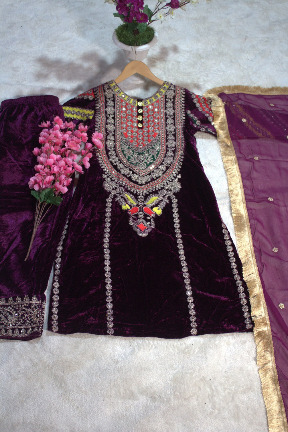 Wine Viscose Velvet Embroidered Top & Pant Set with Georgette Dupatta