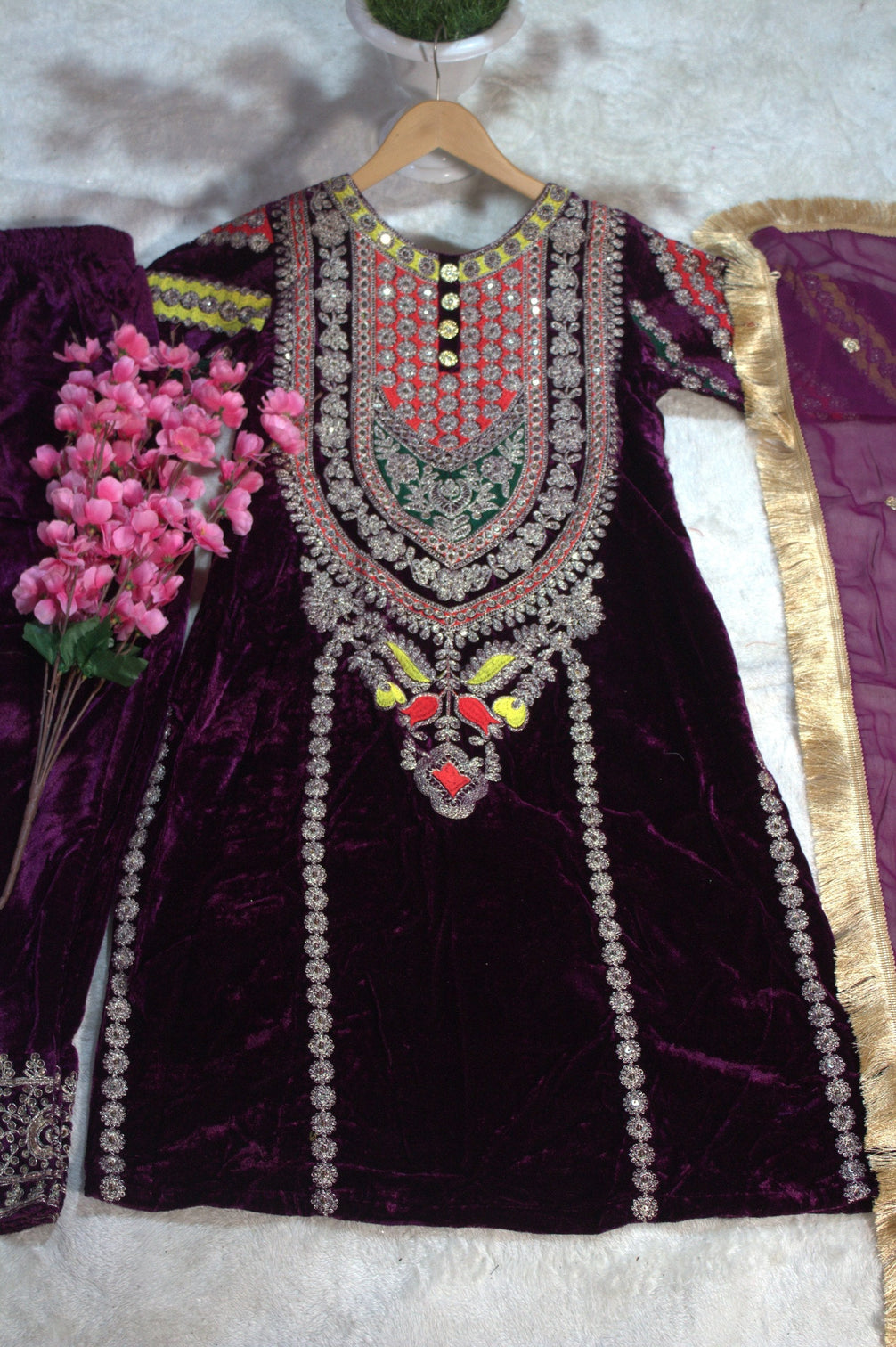 Wine Viscose Velvet Embroidered Top & Pant Set with Georgette Dupatta