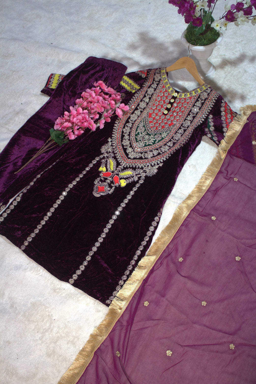 Wine Viscose Velvet Embroidered Top & Pant Set with Georgette Dupatta