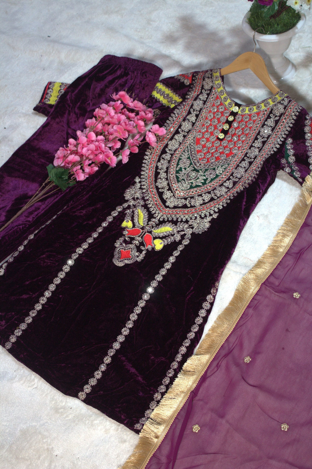 Wine Viscose Velvet Embroidered Top & Pant Set with Georgette Dupatta