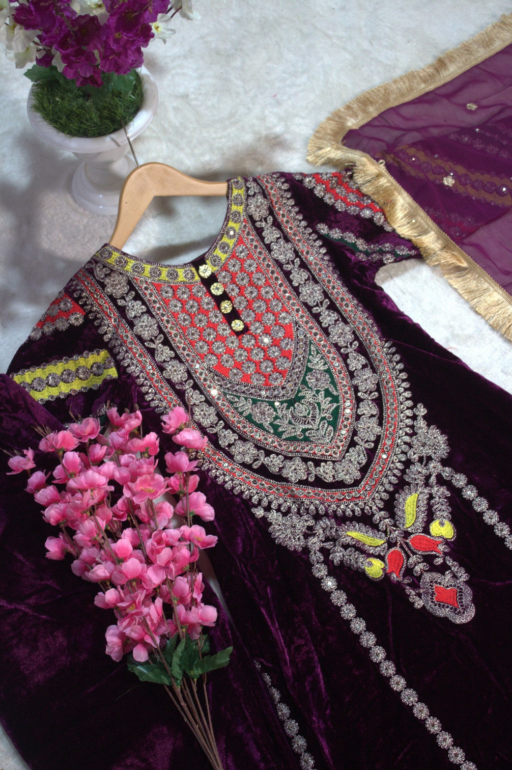 Wine Viscose Velvet Embroidered Top & Pant Set with Georgette Dupatta