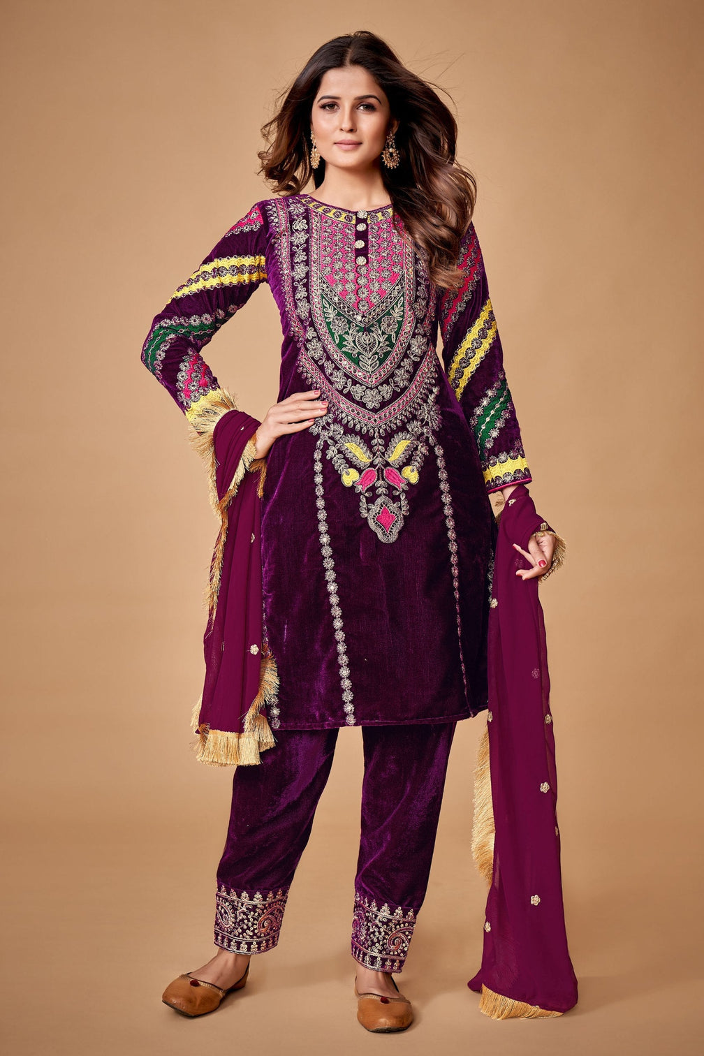 Wine Viscose Velvet Embroidered Top & Pant Set with Georgette Dupatta