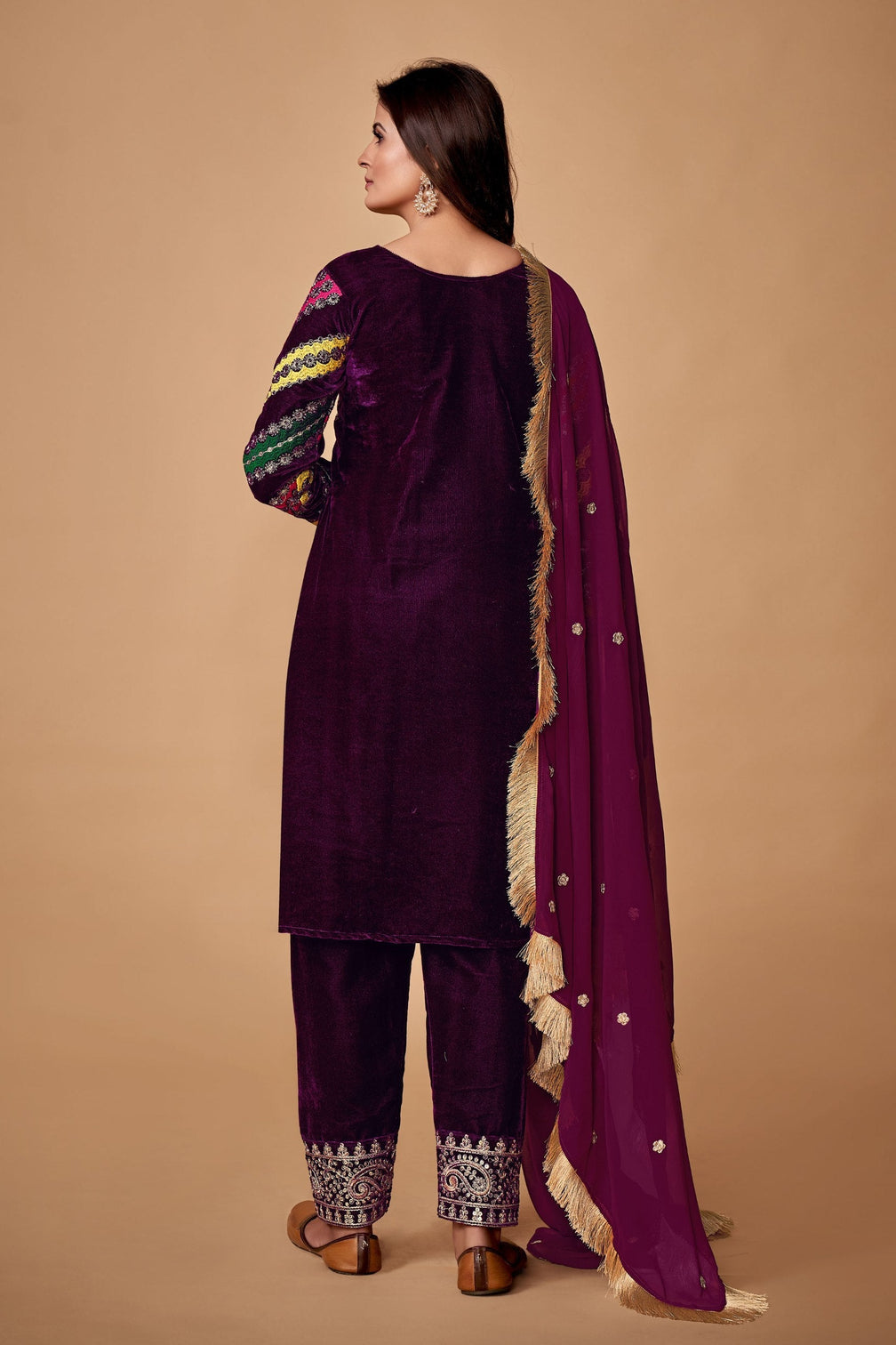 Wine Viscose Velvet Embroidered Top & Pant Set with Georgette Dupatta