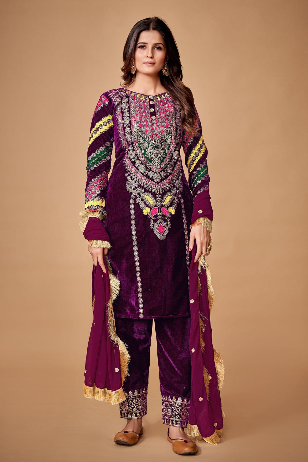 Wine Viscose Velvet Embroidered Top & Pant Set with Georgette Dupatta