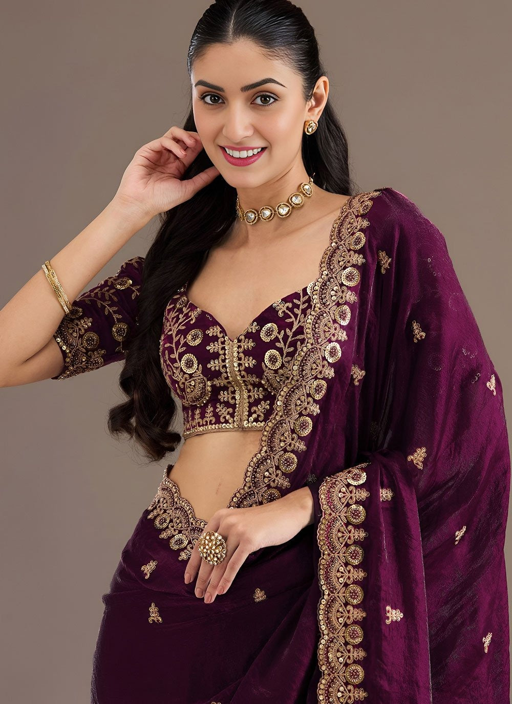 Wine wedding reception tissue saree with zari embroidery