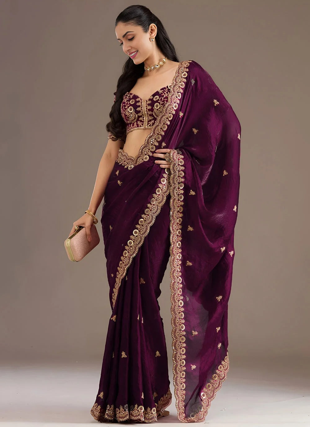 Wine wedding reception tissue saree with zari embroidery