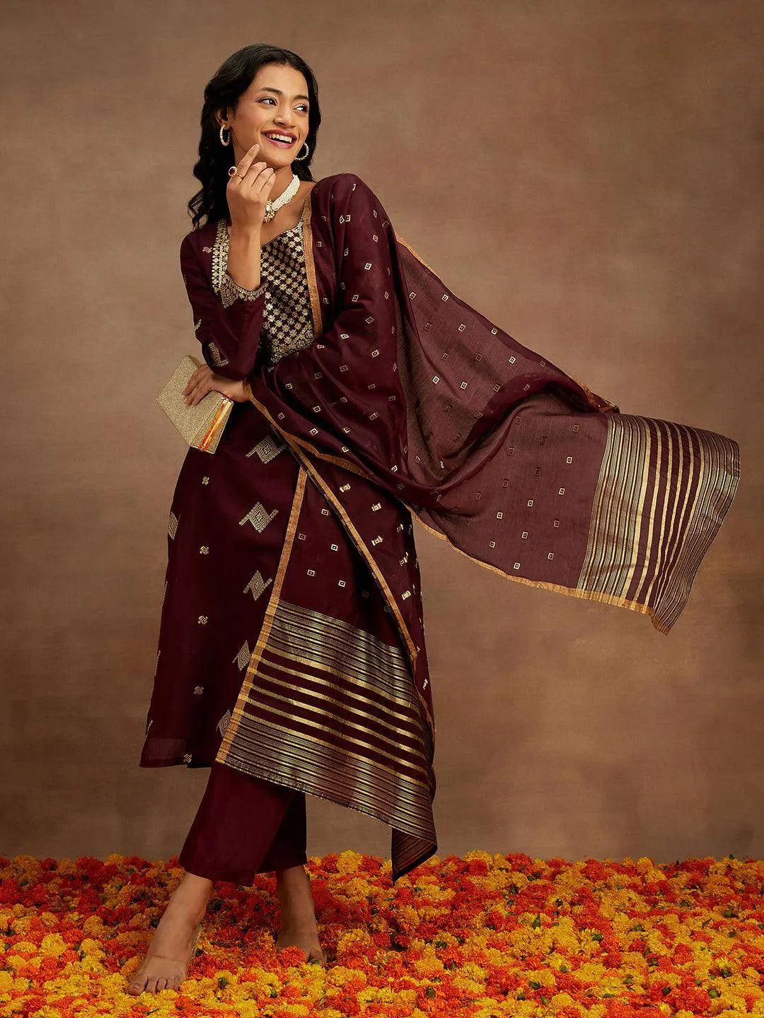Mameraa Wine Woven Design Chanderi Silk Straight Suit With Dupatta