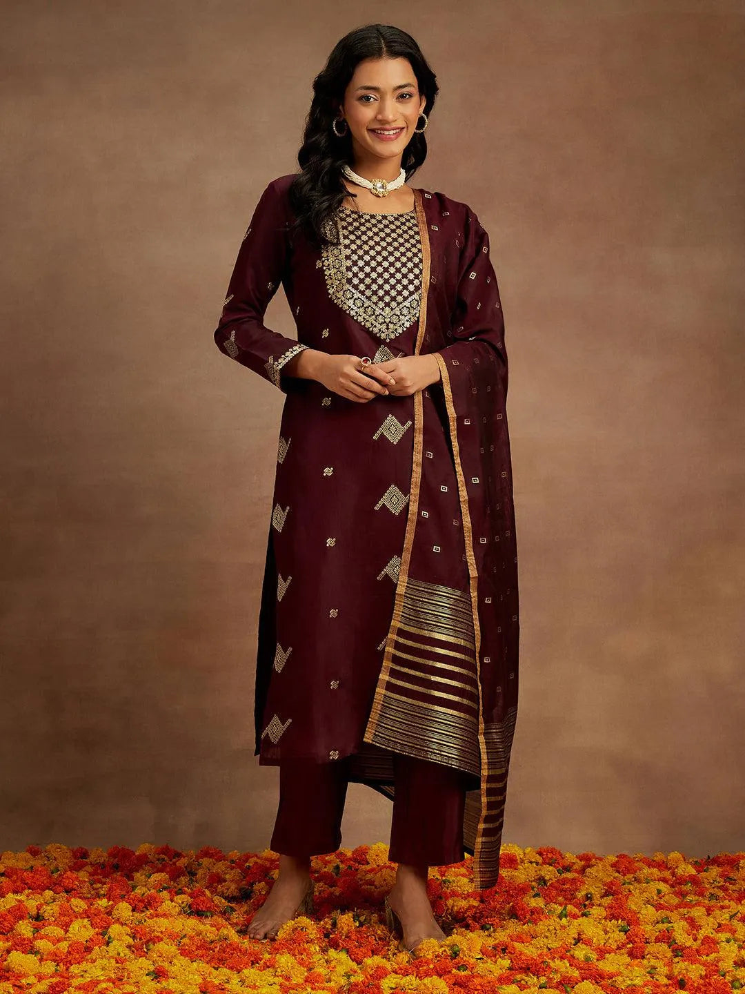 Mameraa Wine Woven Design Chanderi Silk Straight Suit With Dupatta