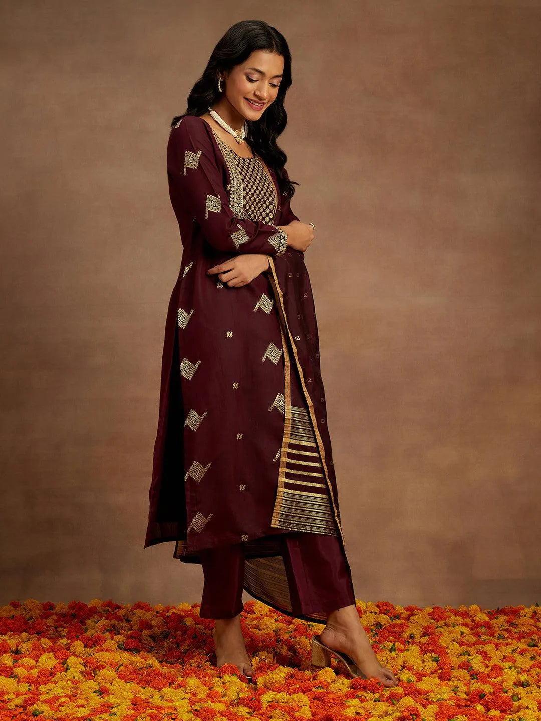 Mameraa Wine Woven Design Chanderi Silk Straight Suit With Dupatta