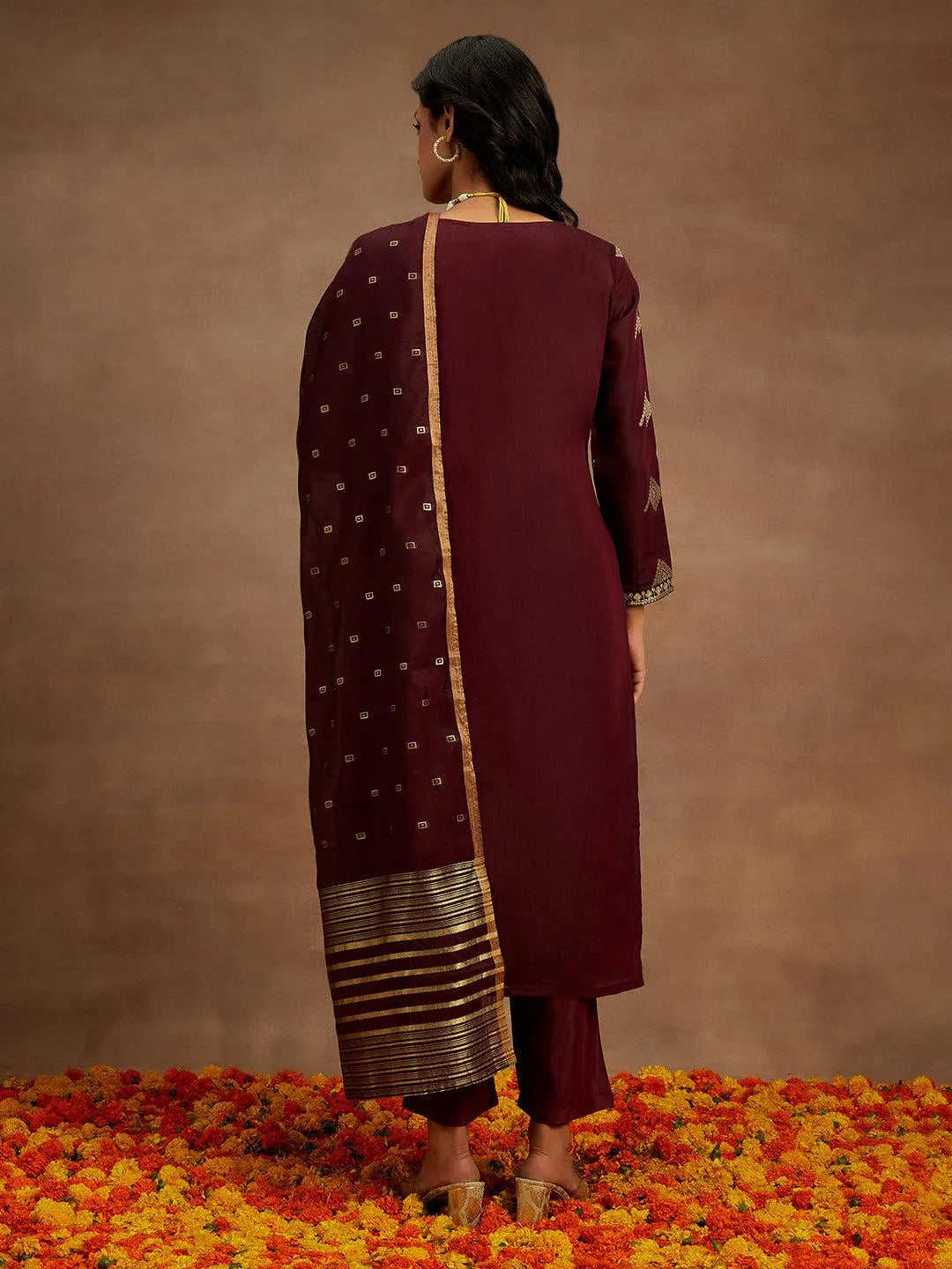 Mameraa Wine Woven Design Chanderi Silk Straight Suit With Dupatta