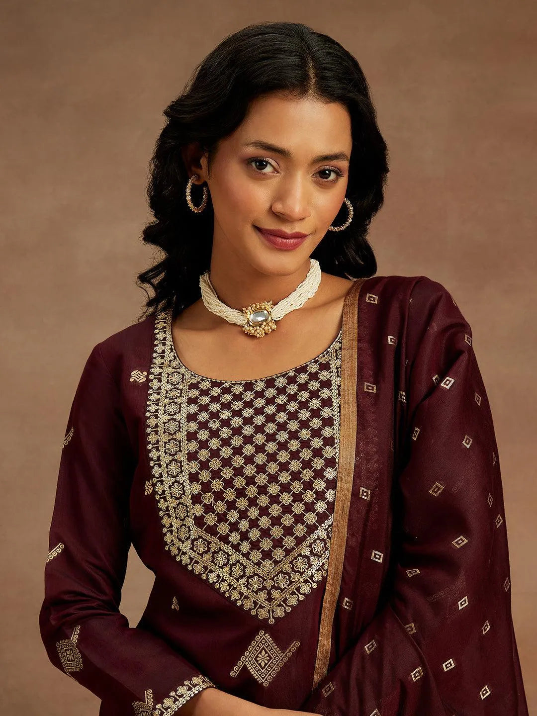 Mameraa Wine Woven Design Chanderi Silk Straight Suit With Dupatta