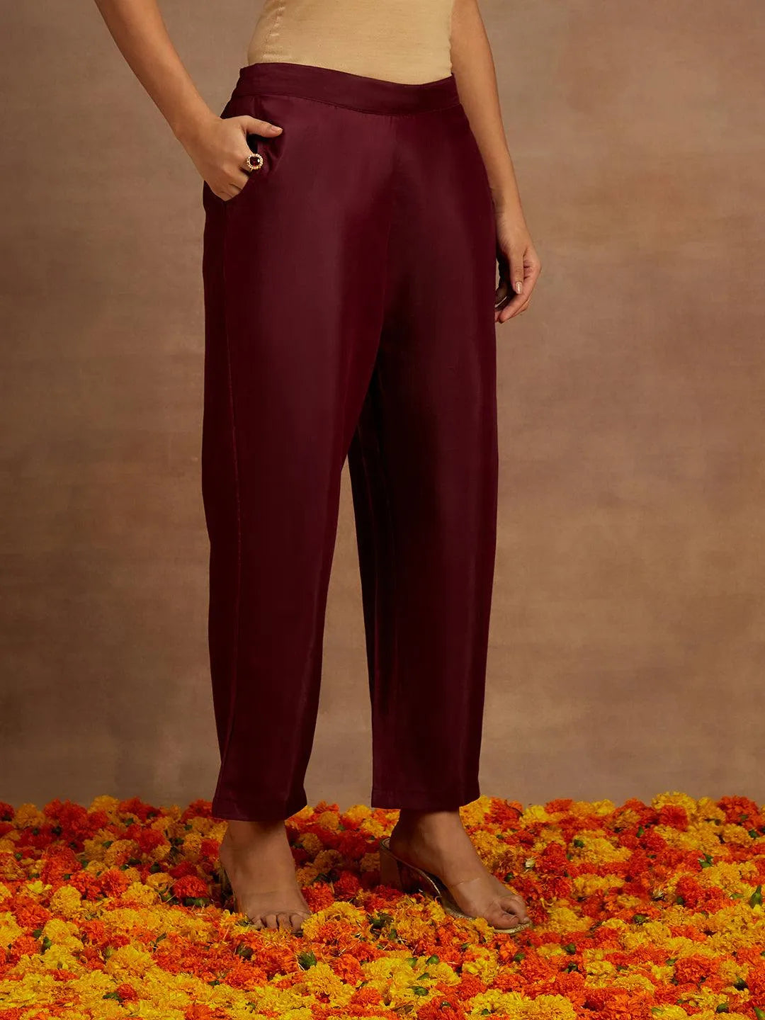 Mameraa Wine Woven Design Chanderi Silk Straight Suit With Dupatta