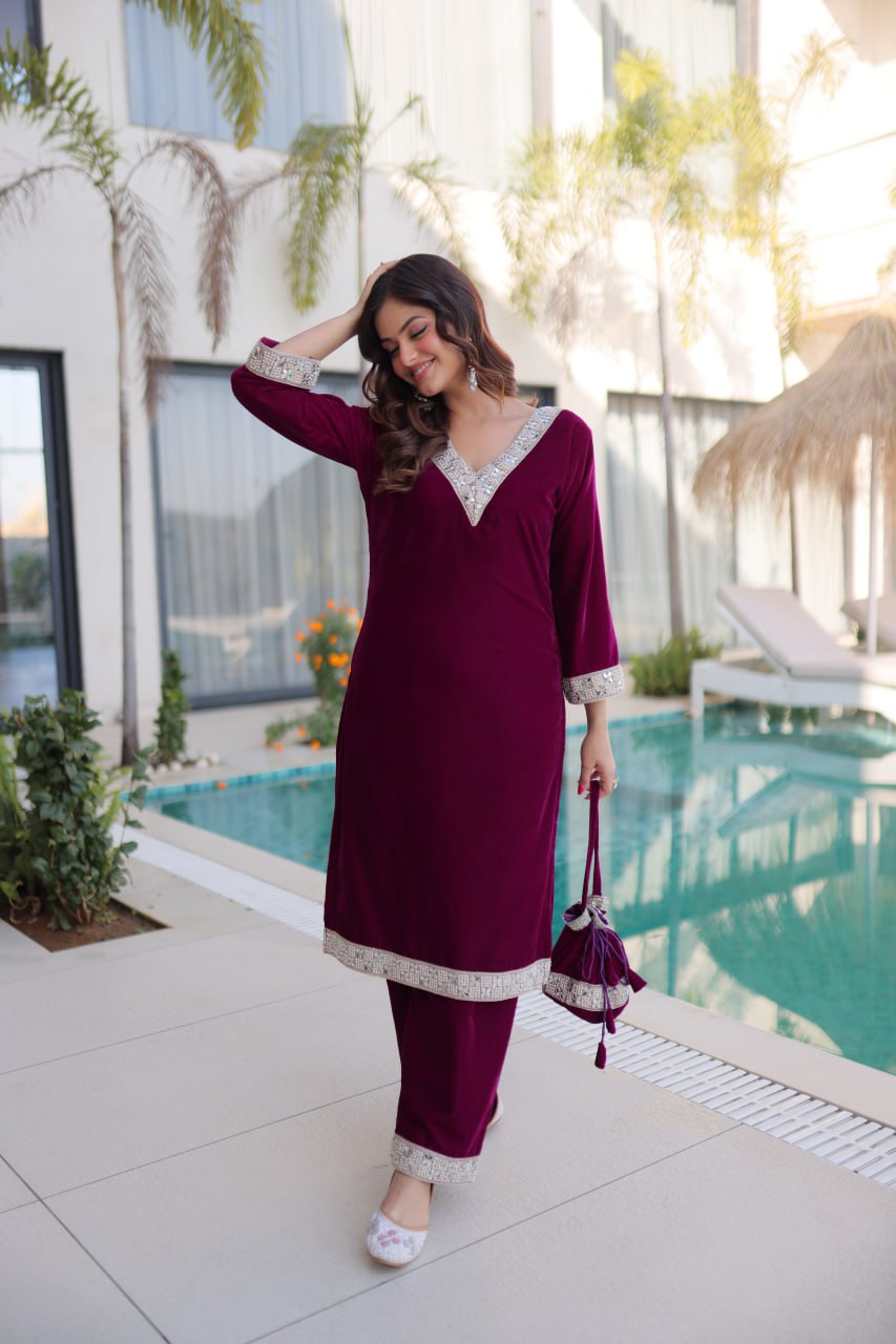 Wine Zari & Real Mirror Work Kurta Pant Set with Batwa
