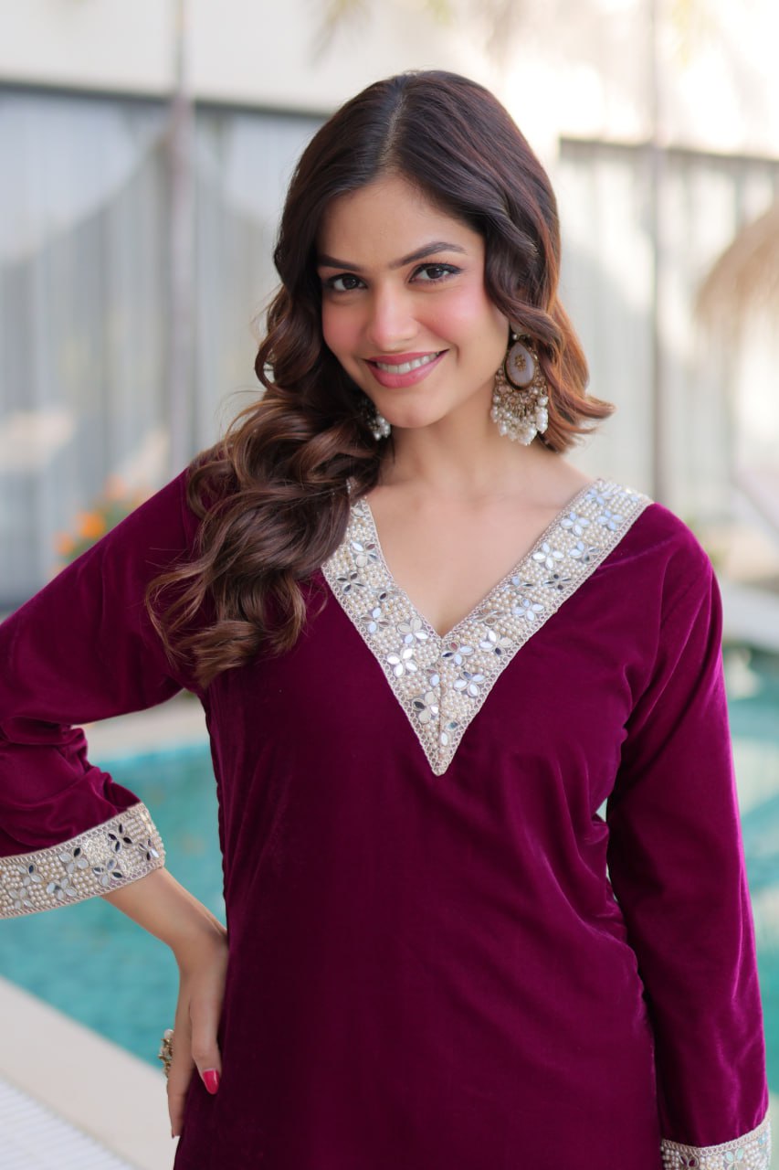 Wine Zari & Real Mirror Work Kurta Pant Set with Batwa