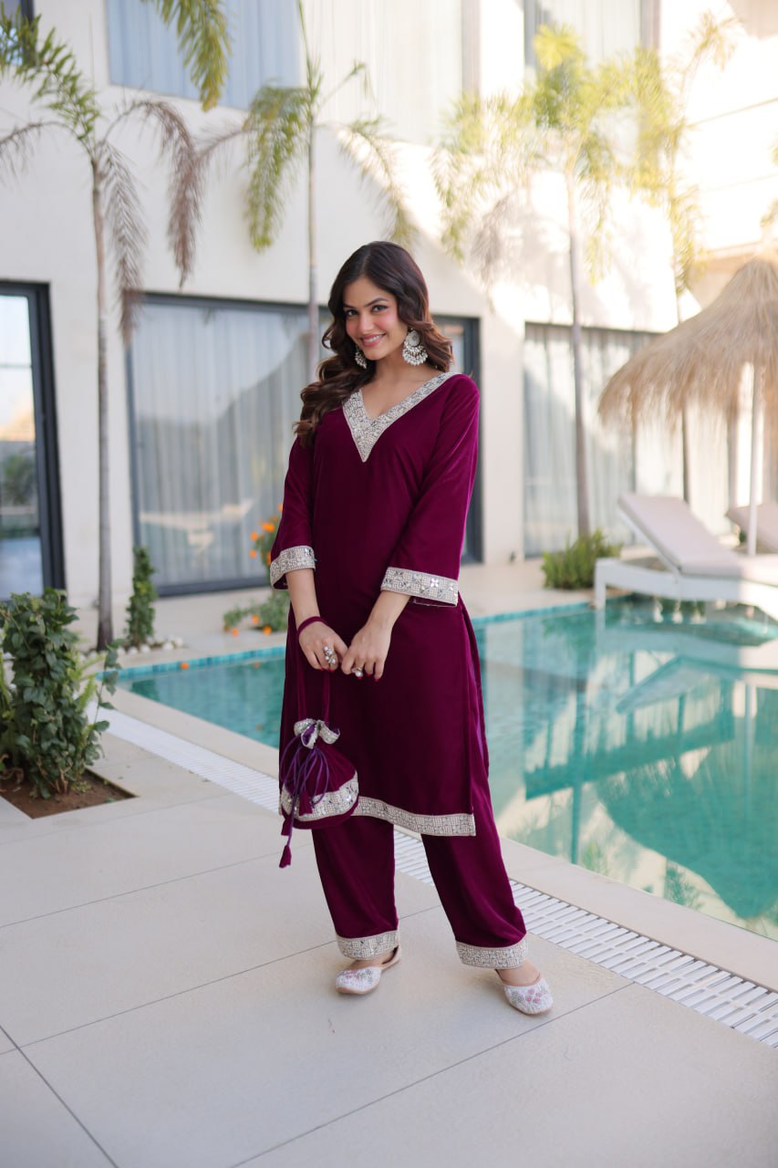 Wine Zari & Real Mirror Work Kurta Pant Set with Batwa