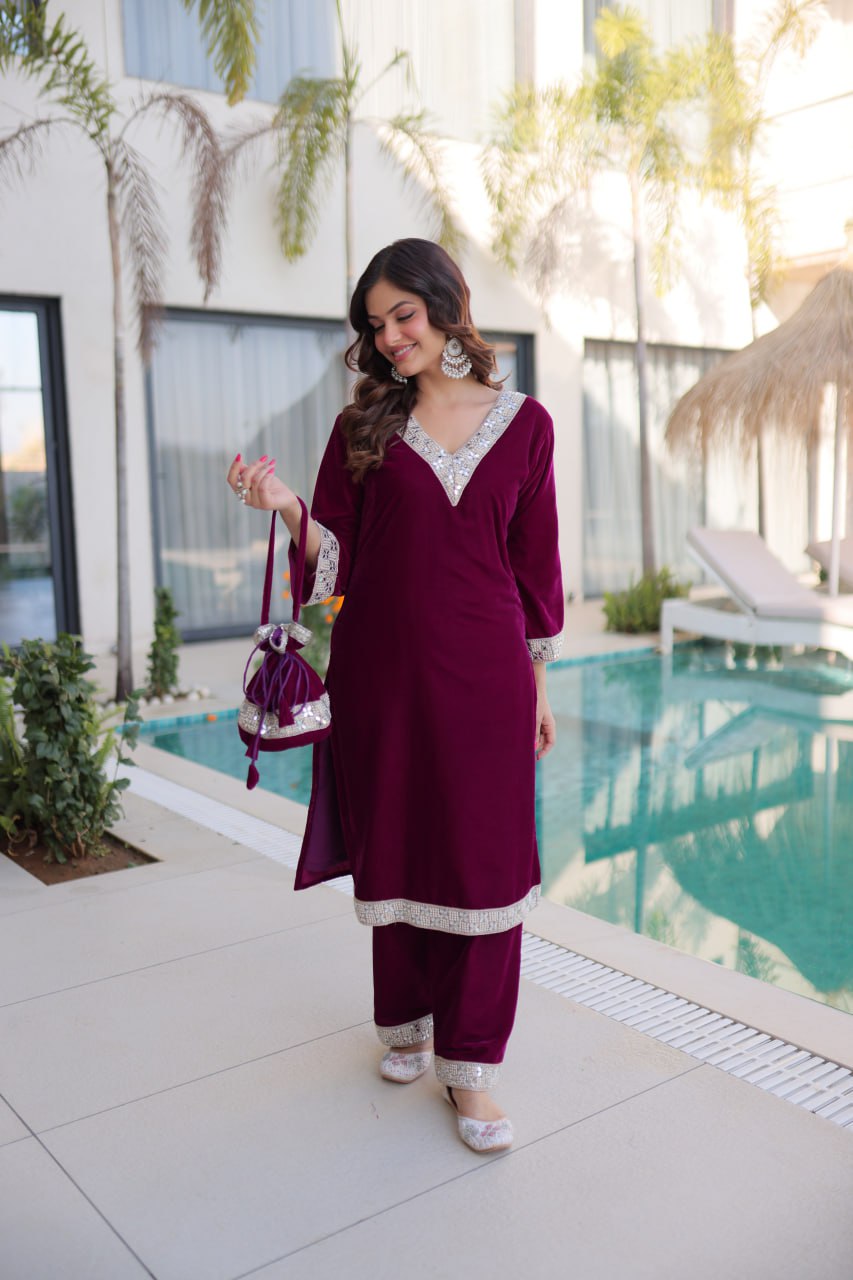 Wine Zari & Real Mirror Work Kurta Pant Set with Batwa