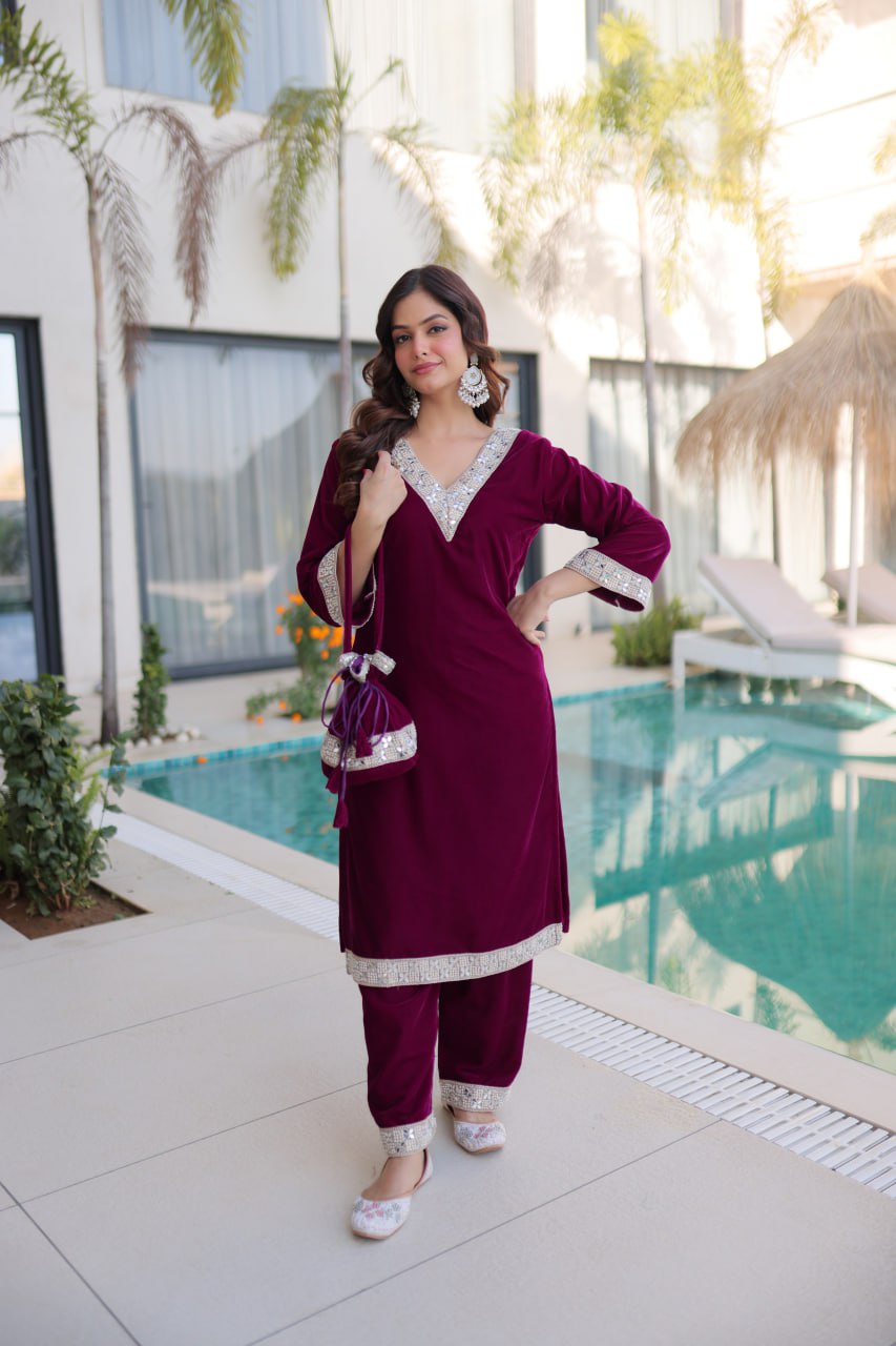 Wine Zari & Real Mirror Work Kurta Pant Set with Batwa