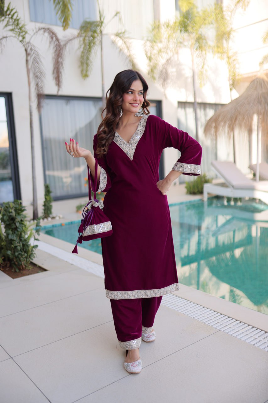 Wine Zari & Real Mirror Work Kurta Pant Set with Batwa