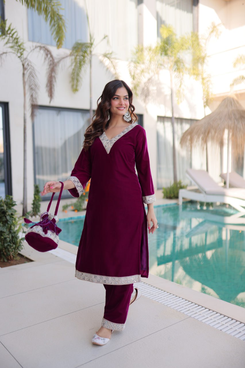 Wine Zari & Real Mirror Work Kurta Pant Set with Batwa