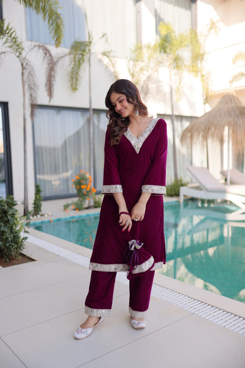 Wine Zari & Real Mirror Work Kurta Pant Set with Batwa