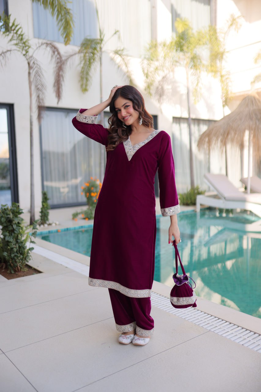 Wine Zari & Real Mirror Work Kurta Pant Set with Batwa