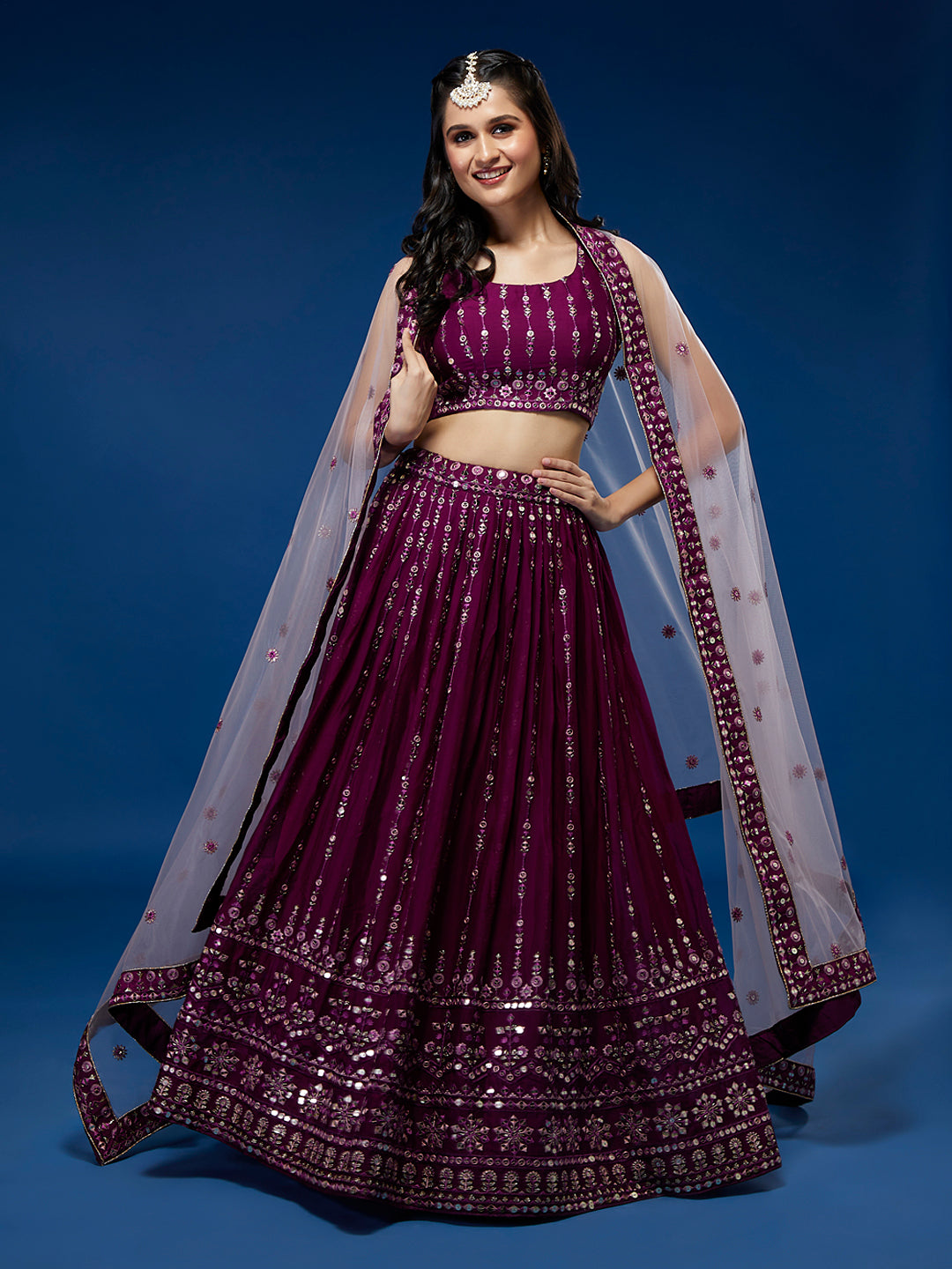 Women Burgundy Pure Georgette Sequinse Embroidered Semi-Stitched Lehenga & Blouse, Dupatta