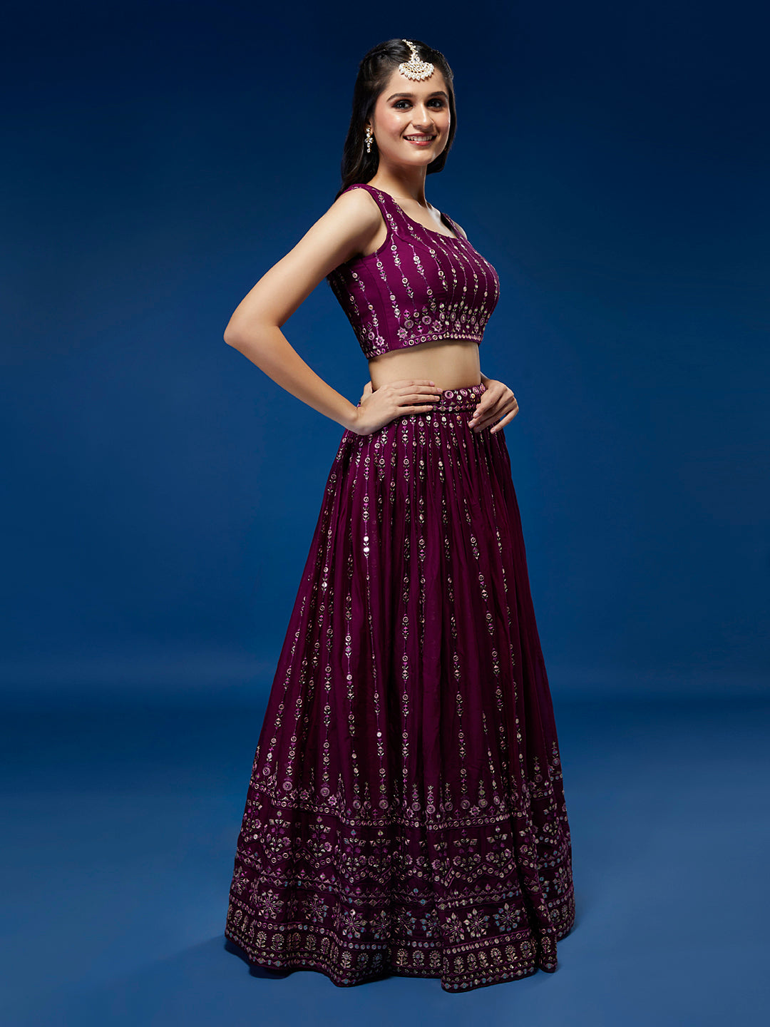 Women Burgundy Pure Georgette Sequinse Embroidered Semi-Stitched Lehenga & Blouse, Dupatta