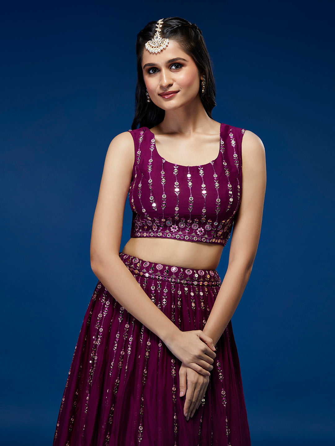 Women Burgundy Pure Georgette Sequinse Embroidered Semi-Stitched Lehenga & Blouse, Dupatta