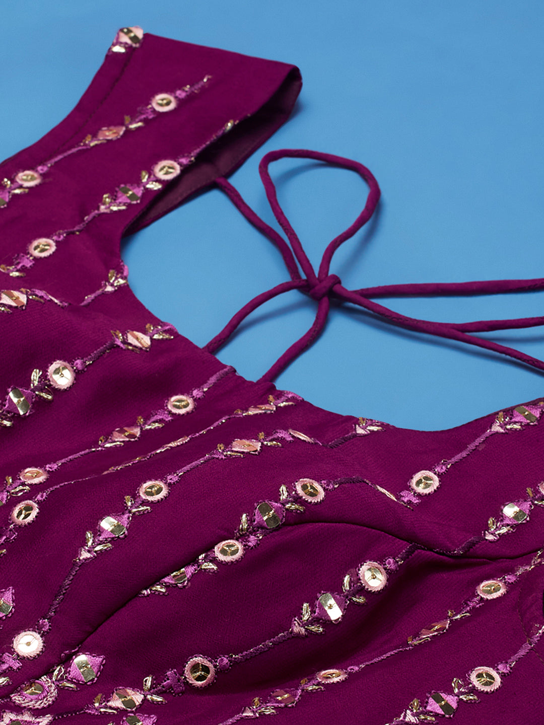 Women Burgundy Pure Georgette Sequinse Embroidered Semi-Stitched Lehenga & Blouse, Dupatta