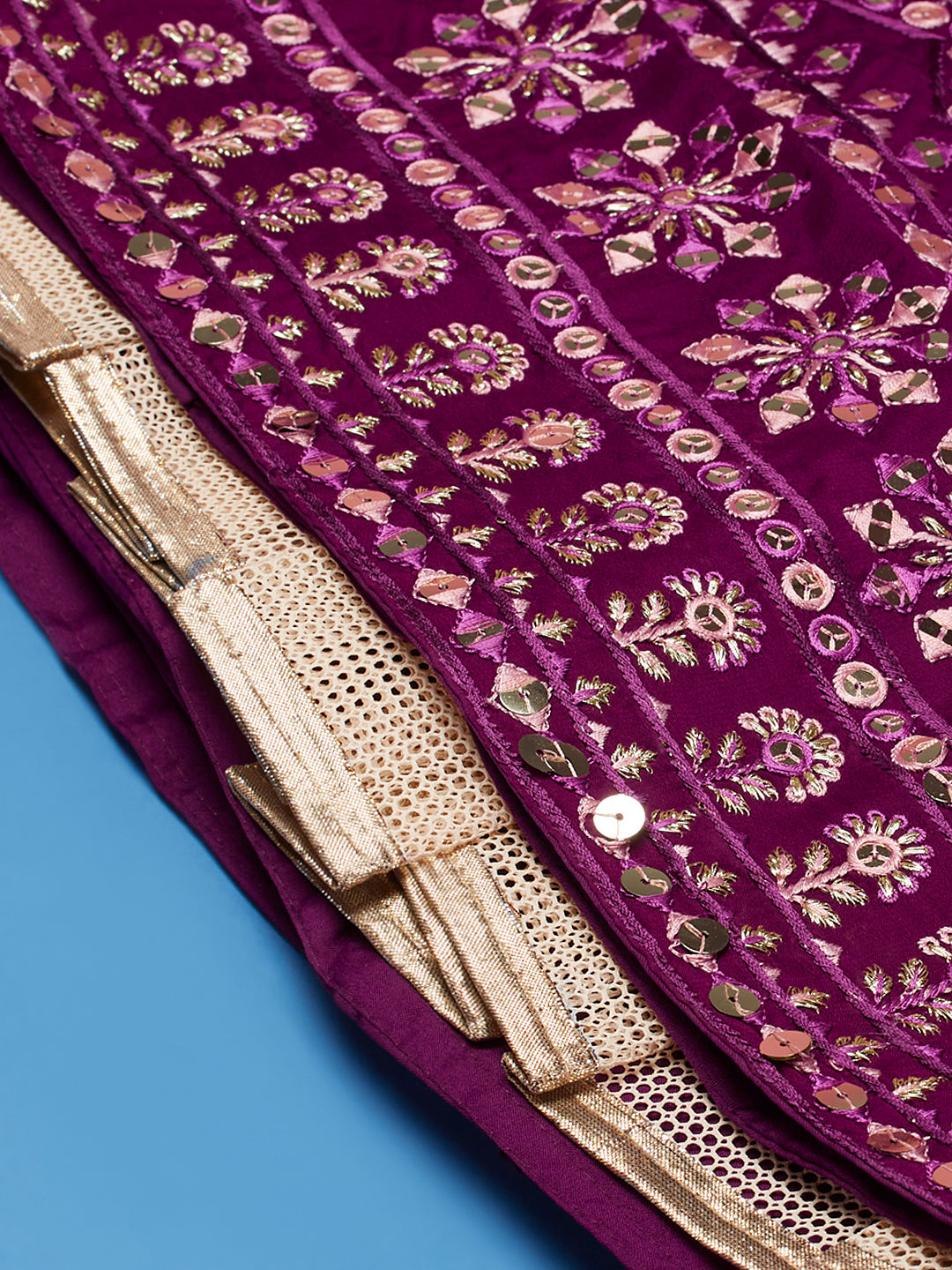 Women Burgundy Pure Georgette Sequinse Embroidered Semi-Stitched Lehenga & Blouse, Dupatta