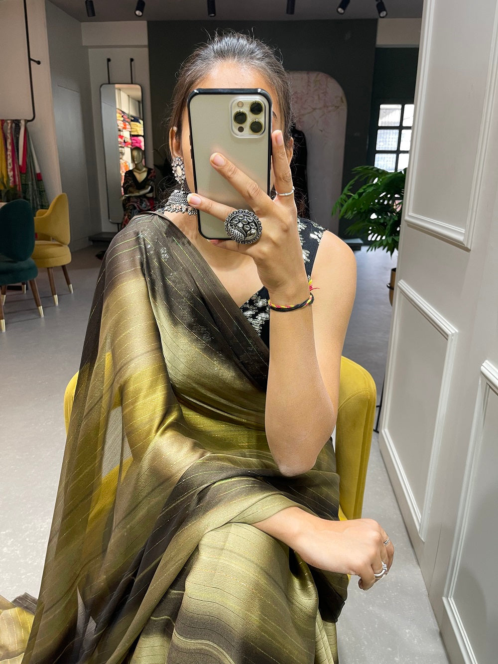 Mehendi Color Zari Lining Work Rangoli Padding Saree