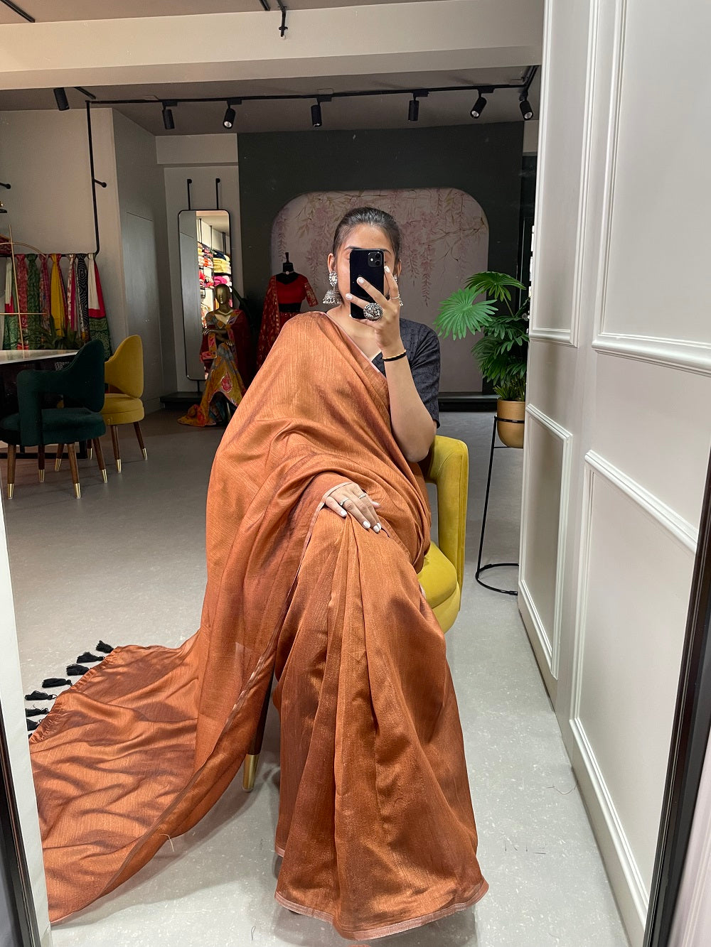 Brown Color Plain Melanin Silk Saree