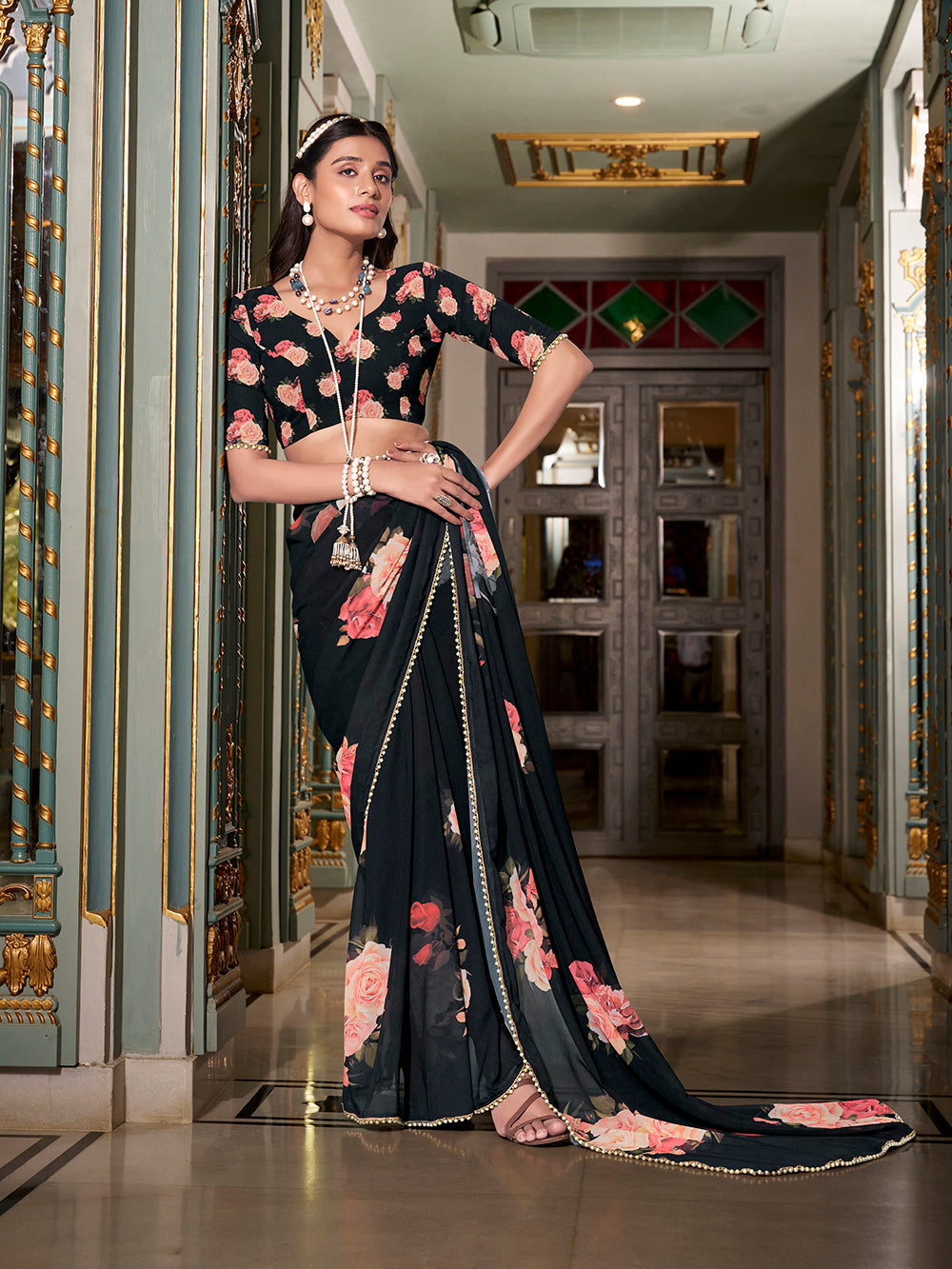 Black georgette plain saree with printed pearl lace border work