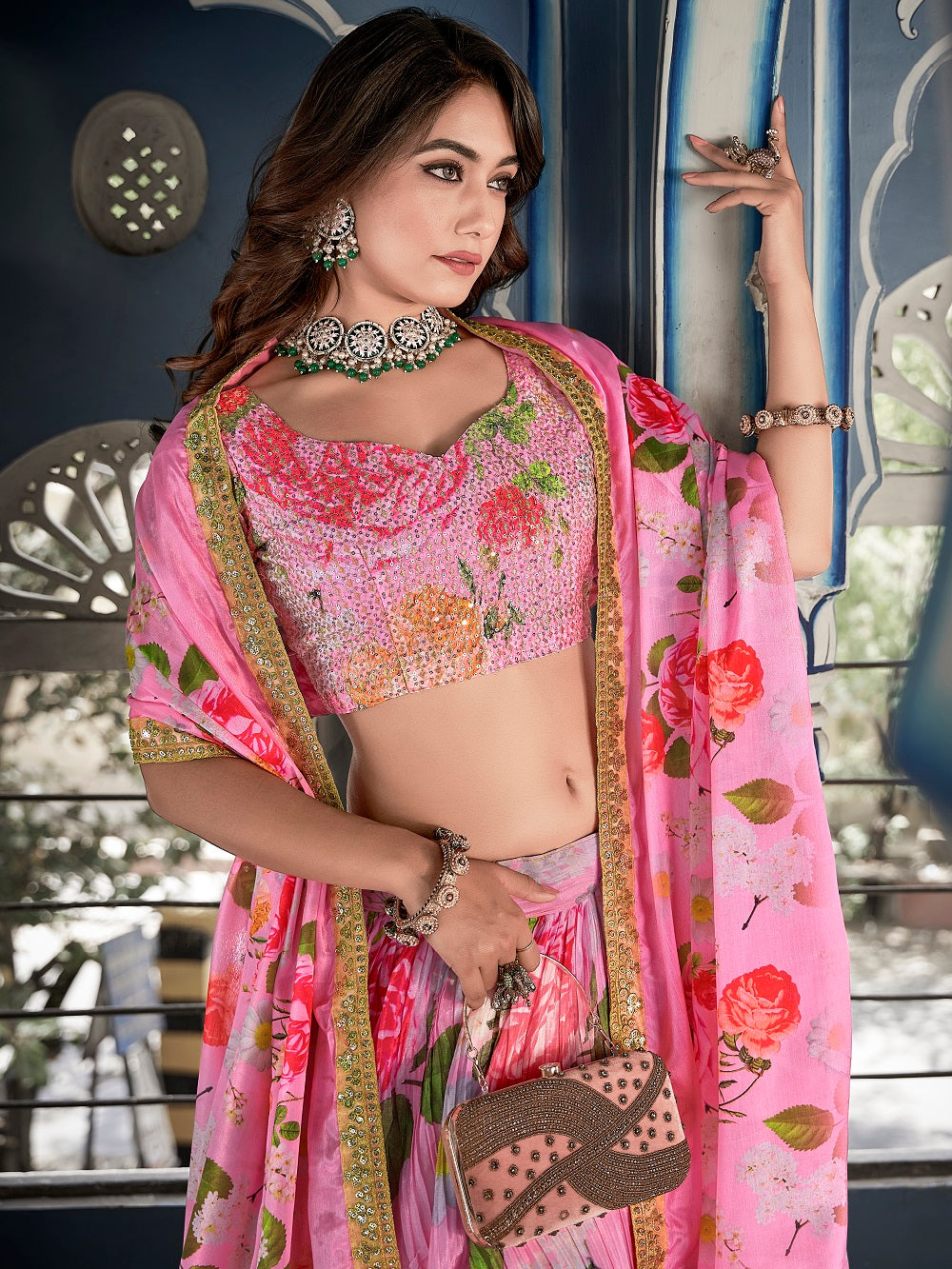 Pink Color Digital Print With Sequins Embroidery Work Crushed Chinon Lehenga Choli