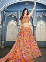 Orange Color Digital Print With Sequins Embroidery Work Crushed Chinon Lehenga Choli