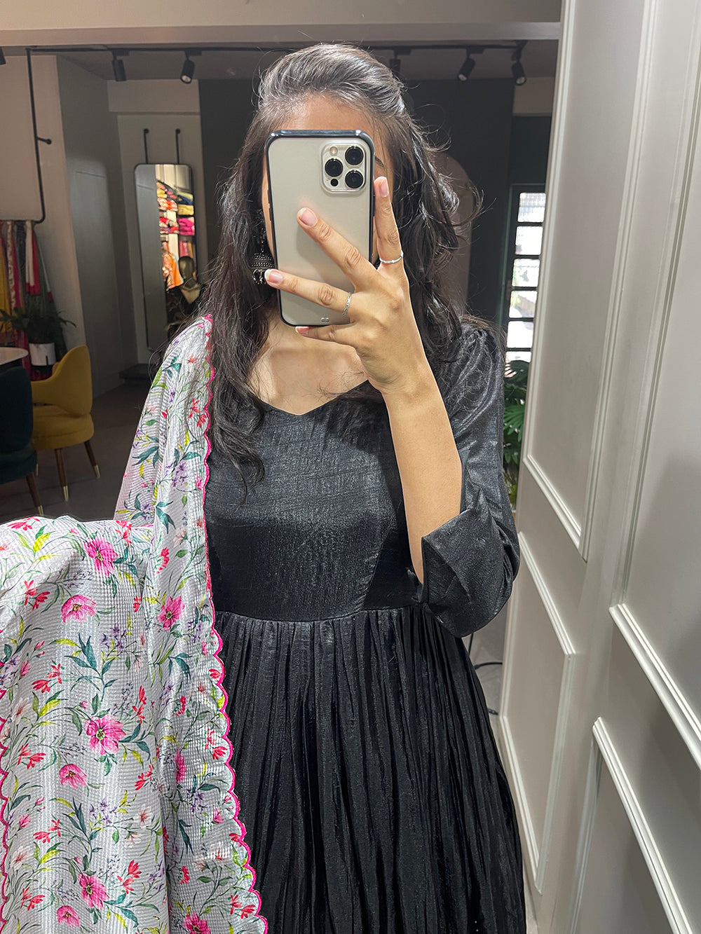 Black Color Plain Dola Silk Gown