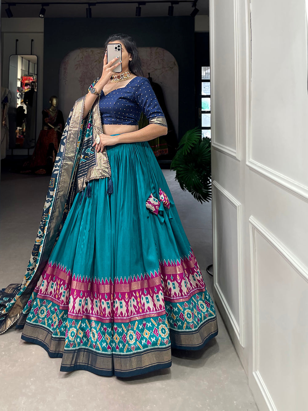 Firozi Color Patola Print With Foil Work Tussar Silk Lehenga Choli