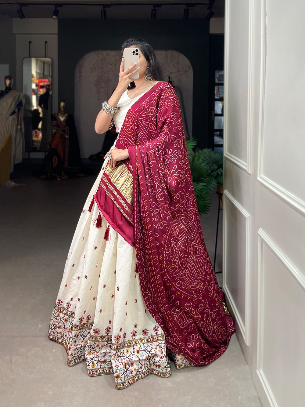 Flower Design Sequins And Thread Embroidery Work Khadi Cotton Chaniya Choli